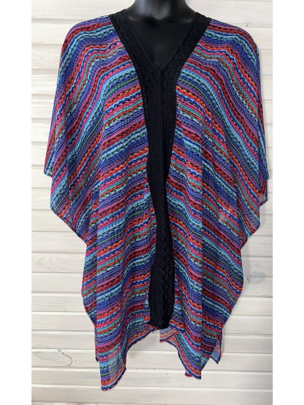 Miraclesuit Sz MEDIUM Carnivale Print Caftan Swimsuit Cover-Up Crochet Trim EUC